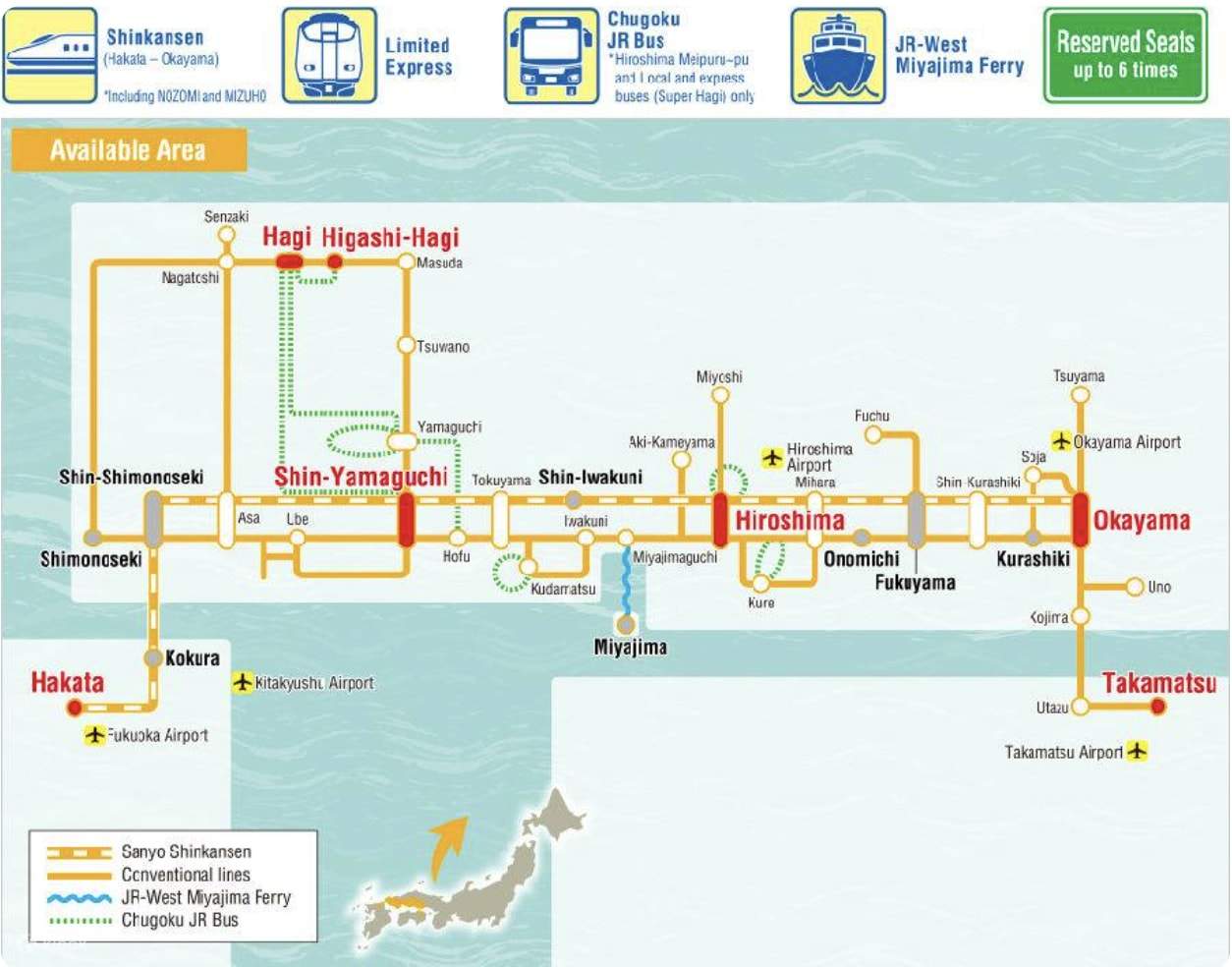 JR Okayama-Hiroshima-Yamaguchi Area Pass map